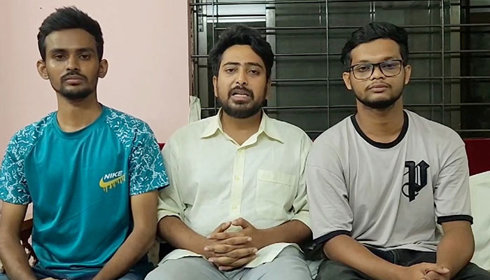 (From left to right) Bangladeshi student leaders Asif Mahmud, Nahid Islam, and Abu Bakar Majumder,  who spearheaded a movement against job quotas that turned into a call for now former PM Sheikh Hasina to resign, issue a statement in Dhaka, Bangladesh in this image released on August 6, 2024. — Reuters