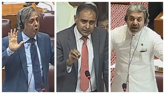 (From left to right) Federal Law Minister Azam Nazeer Tarar, PML-N lawmaker Bilal Azhar Kiyani and PTI leader Ali Muhammad Khan speak during a NA session on August 6, 2024. — Screengrab via Geo News