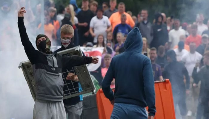 Far-right rioters at the Holiday Inn Express in Rotherham, South Yorkshire, England on August 4, 2024. — Reuters