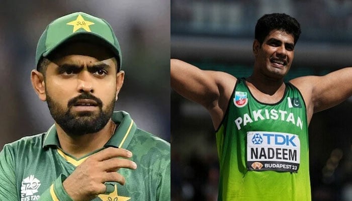 Pakistans white-ball cricket captain Babar Azam (left) and Pakistans rising javelin thrower Arshad Nadeem. — AFP/Reuters/File