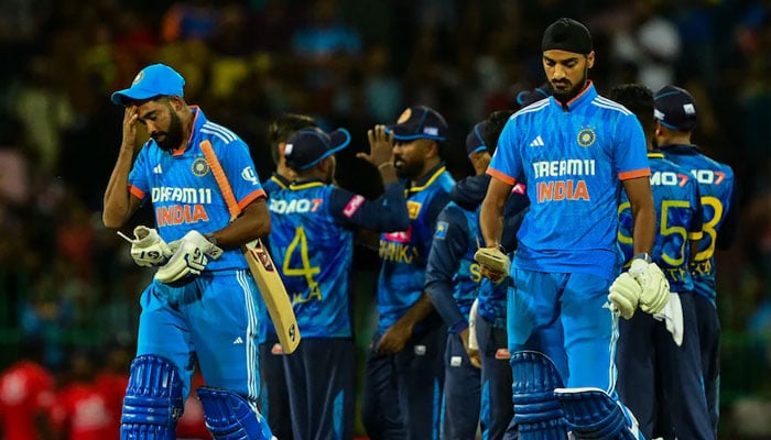 The Sri Lankan team celebrates as India loses in ODI. — AFP/File