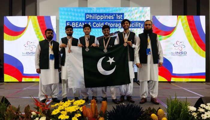 Pakistani students pose for camera after winning medals at the first International Nuclear Science Olympiad (INSO-2024) held in the Philippines from August 1-6, 2024. — APP