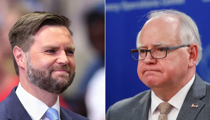 JD Vance (L) comments about Tim Walz in a campaign stop in Michigan. —Reuters