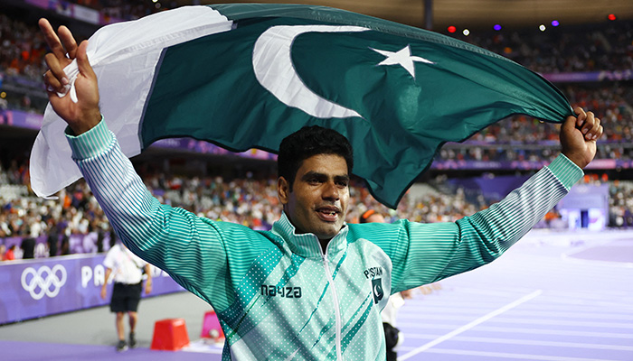 Pakistans javelin ace Arshad Nadeem celebrates after winning gold medal, Paris 2024 Olympics, Mens Javelin Throw Final, Stade de France, Saint-Denis, France, August 08, 2024. — Reuters