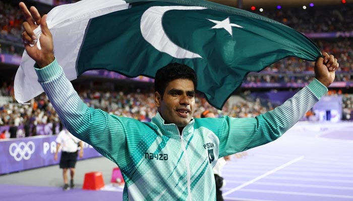 Pakistans javelin star Arshad Nadeem celebrates on August 08, 2024 in Paris, France. — Reuters