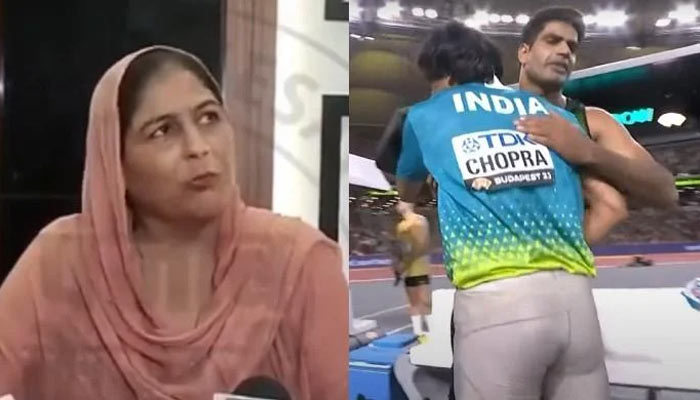 Indias javelin thrower Neeraj Chopras mother (left) and Pakistans Arshad Nadeem hugging the silver medal winner. — X