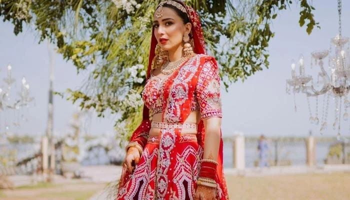 Ushna Shah poses on her wedding day wearing a red choli dress. — Instagram/@wardhasaleemofficial/File