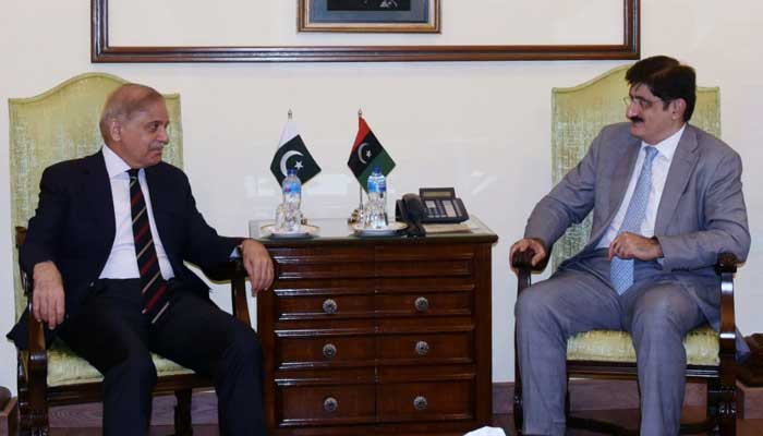 Prime Minister Shehbaz Sharif (left) meets Sindh Chief Minister Murad Ali Shah during his day-long visit to Karachi on August 9, 2024. — Sindh CM House