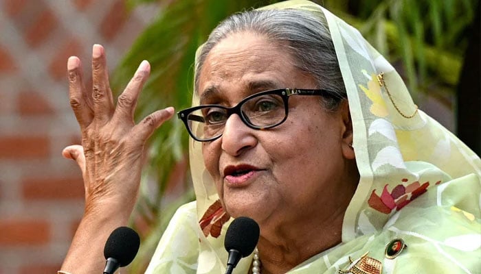 Sheikh Hasina Wajed, now ousted prime minister of Bangladesh, gestures while speaking to the media, a day after she won the 12th parliamentary elections, in Dhaka on January 8, 2024. — AFP