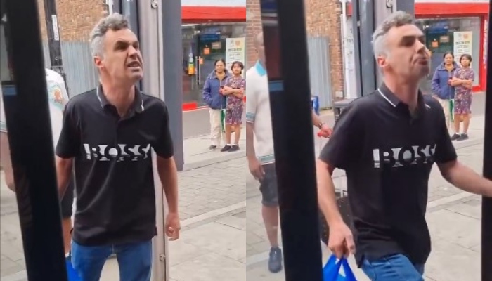 A combination of images shows a man spitting on a Muslim bus driver in London. — Screengrab/X/@lil_doza