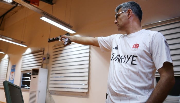 Turkish shooter Yusuf Dikec, who won the silver in the mixed team 10-meter air pistol event in Paris 2024 Olympics combined with Sevval Ilayda Tarhan, is pictured during a training in Ankara, Turkey, on August 8, 2024. —Reuters