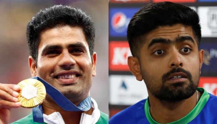 Pakistans javelin thrower Arshad Nadeem posing with his Olympic gold medal at the Paris Olympics 2024 (L) and Pakistans white-ball cricket team captain Babar Azam attending a press conference. — Reuters/File