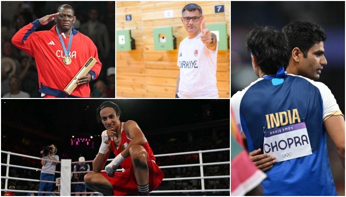 (R-L clockwise) Pakistans Arshad Nadeem embracing Indias Neeraj Chopra, Algerian boxer Imane Khelif, Cuban wrestler Mijain Lopez and Turkish Olympic shooting silver medallist Yusuf Dikec. —AFP/File