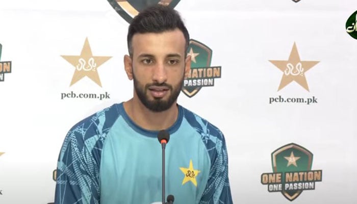 Pakistan Test captain Shan Masood addressing media in Rawalpindi on August 11, 2024. —Geo News