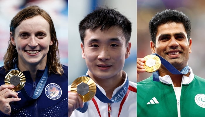 A combination of images shows Americas swimmer  Katie Ledecky, Chinas swimmer Cao Yuan, Pakistans javelin thrower Arshad nadeem with their gold medals at the Paris Olympics 2024. — Reuters/Files