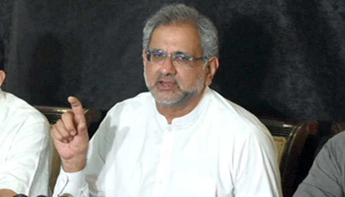 Former prime minister Shahid Khaqan Abbasi addressing a press conference in Islamabad. — APP/File