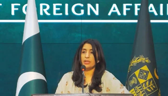 Foreign Office Spokesperson Mumtaz Zahra Baloch speaks during the FOs weekly briefing in Islamabad on January 11, 2024, in this still taken from a video. — X/@ForeignOfficePk