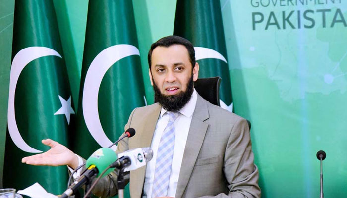 Federal Minister for Information and Broadcasting Attaullah Tarar gestures while addressing a press conference in Islamabad on July 1, 2024. — APP