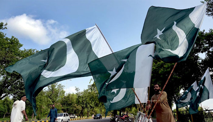 A vendor displaying flags on roadside at Jinnah Super ahead of the 77th Independence Day celebrations in Islamabad, pakistan on August 8, 2024. — APP.