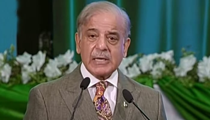 Prime Minister Shehbaz Sharif addressing Independence Day event on August 14, 2024. — YouTube/Geo News Live