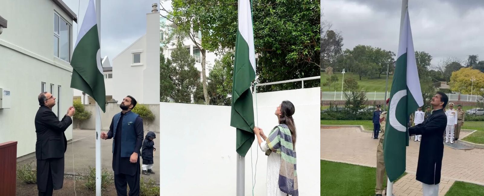 Flag hoisting ceremonies on the occasion of Pakistans Independence Day celebrations in New Zealand, Singapore and South Africa (left to right) on August 14, 2024. — X/@PakinNewZealand/@PakinSingapore/@Zhchaudhri