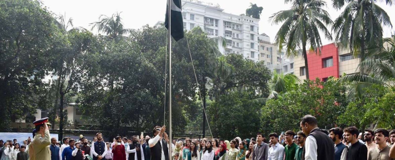 Flag hoisting ceremony at the Pakistan High Commission on August 14, 2024 in Dhaka, Bangladesh. — APP