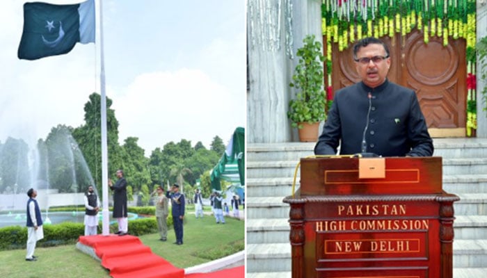 Chargé d’ Affaires of Pakistan to India, Saad Ahmad Warraich hoists flag and adresses a ceremony markign Independence Day celebrations in New Delhi, India on August 14, 2024. — X/@PakinIndia