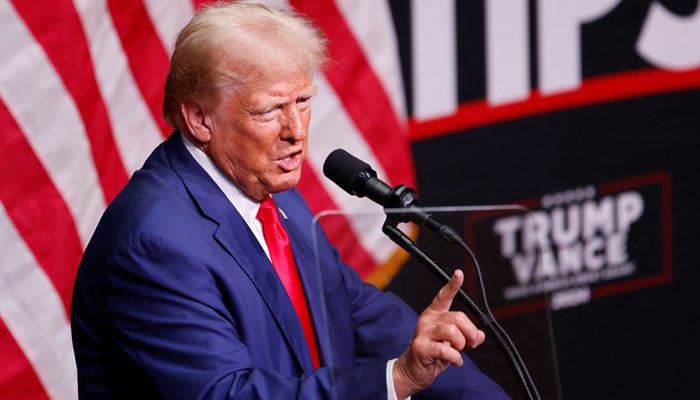 Republican presidential nominee and former US President Donald Trump gestures as he speaks at a campaign event in Asheville, North Carolina, U.S. August 14, 2024. — Reuters