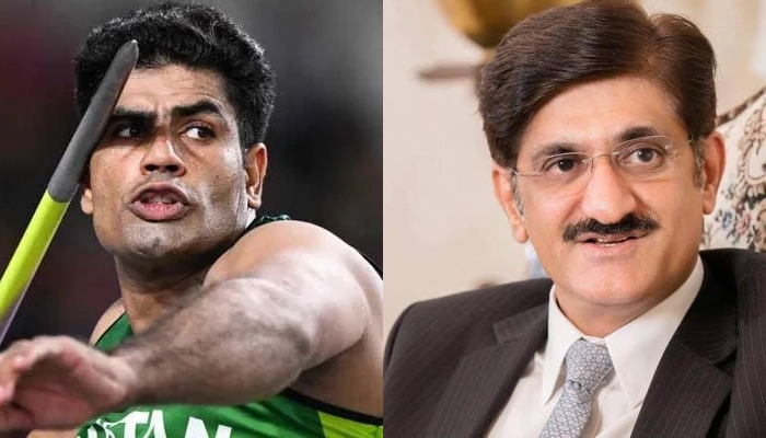 Olympic gold medallist javelin thrower Arshad Nadeem (L) and Chief Minister of Sindh Murad Ali Shah. — AFP/Chief Ministers Secretariat/File