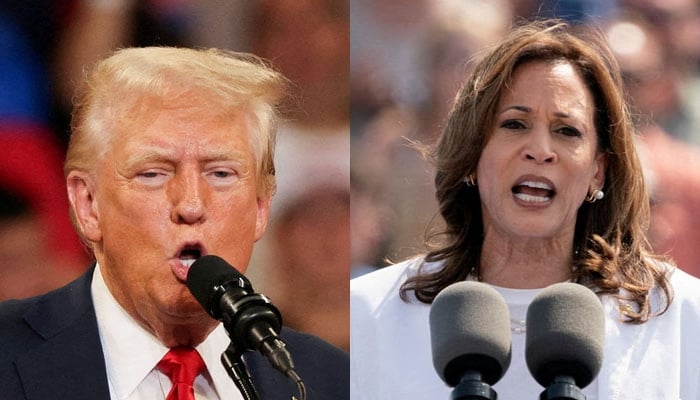 A combination picture shows Republican presidential nominee and former US President Donald Trump (left) speaking during a campaign rally held with Republican vice presidential nominee Senator JD Vance, in Atlanta, Georgia, US,  August 3, 2024. — Reuters