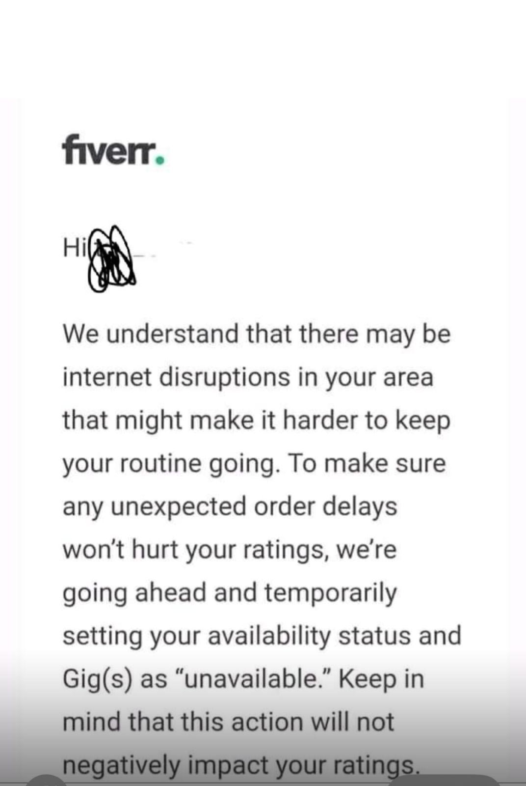 This is a screenshot of Fiverr message.