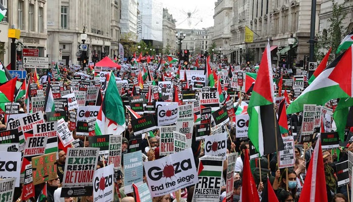 Demonstrators protest in solidarity with Palestinians, amid the ongoing conflict between Israel and the Palestinian Islamist group Hamas, in London, Britain, October 14, 2023. — Reuters