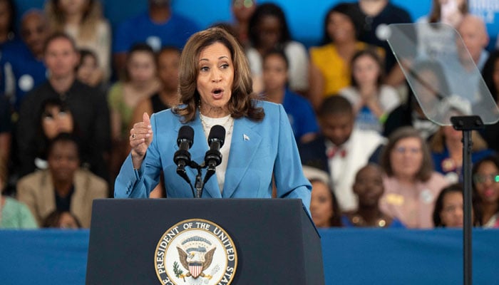 US Vice President and Democratic presidential candidate Kamala Harris speaks at the Hendrick Center for Automotive Excellence on the Scott Northern Wake Campus of Wake Tech Community College in Raleigh, North Carolina, on August 16, 2024. —AFP