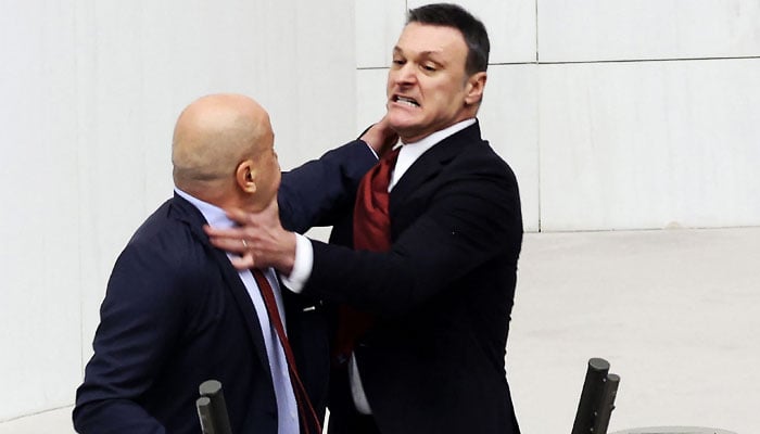 Former Turkish football player and deputy of ruling AKP (Justice and Development Party) Alpay Ozalan (right) scuffles with Turkish Workers Party (TIP) deputy Ahmet Sik (L) at Grand National Assembly of Turkey in Ankara on August 16, 2024. — AFP