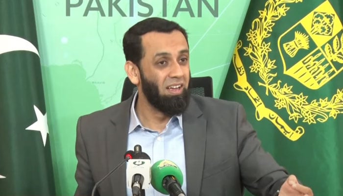 Federal Minister for Information Attaullah Tarar addresses a press conference in Islamabad on August 17, 2024, in this still taken from a video. — Geo News/YouTube