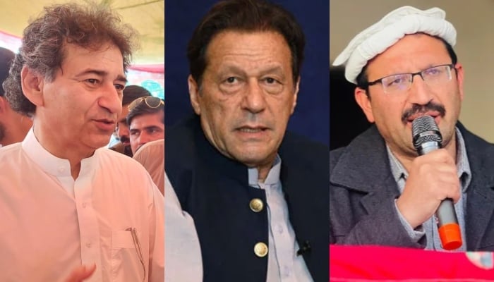 (From left to right) PTI leader Atif Khan, founder and ex-PM Imran Khan and MNA Junaid Akbar. — Facebook/Atif Khan/Junaid Akbar Khan/AFP/File