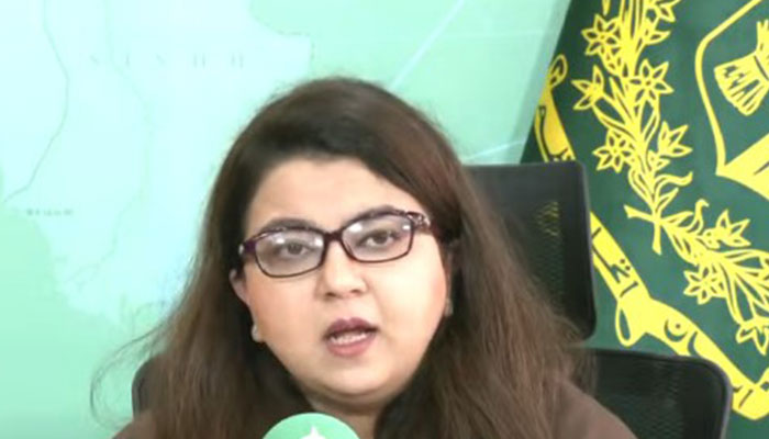 State IT Minister Shaza Fatima Khawaja addresses a press conference in Islamabad on Sunday, August 18, 2024. — Screengrab via YouTube/Geo News Live