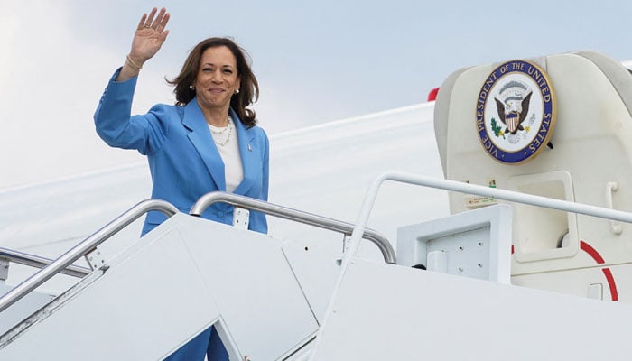 US Vice-President and Democratic presidential candidate Kamala Harris waves as she departs Raleigh, North Carolina, US on August 16, 2024. — Reuters