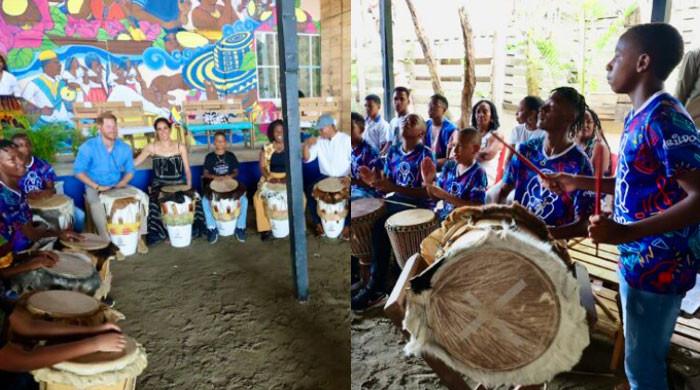 Prince Harry, Meghan Markle join traditional drum lesson in Colombia