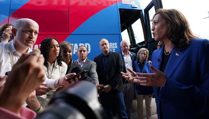 US Vice President Kamala Harris talking to the media in Moon Township, Pennsylvania on August 18, 2024. — Reuters