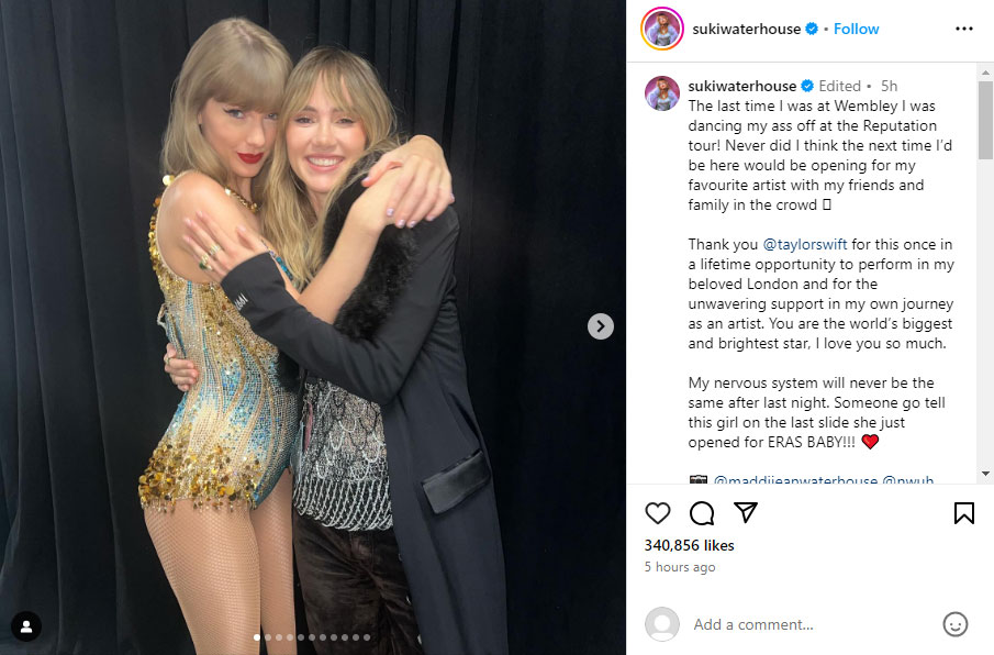 Suki Waterhouse raves about Taylor Swift after opening her Eras Tour show