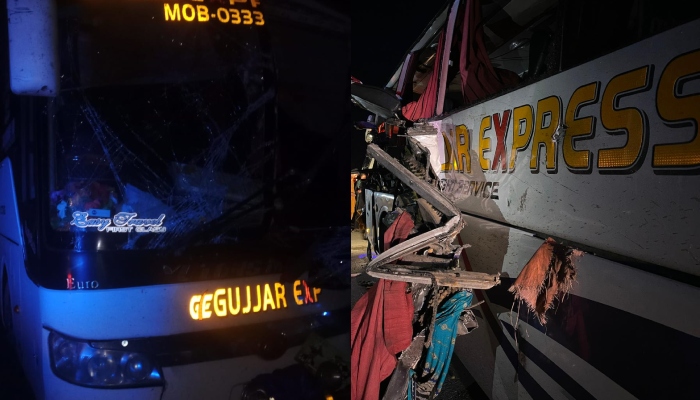 A collage of two pictures of the ill-fated bus, from different angles, involved in the accident in Ghotki on August 19, 2024. —Reporter