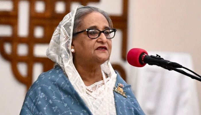 Ousted prime minister of Bangladesh Sheikh Hasina speaking after swearing oath for a fifth term at the Presidential Palace in Dhaka, Banglades on January 11, 2024. — AFP