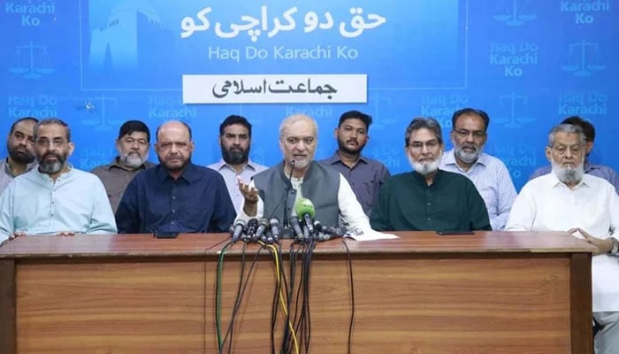 Jamaat-e-Islami Pakistan chief Hafiz Naeemur Rehman addresses a press conference at the Idara Noor-e-Haq in Karachi on August 19, 2024. — Geo News/reporter