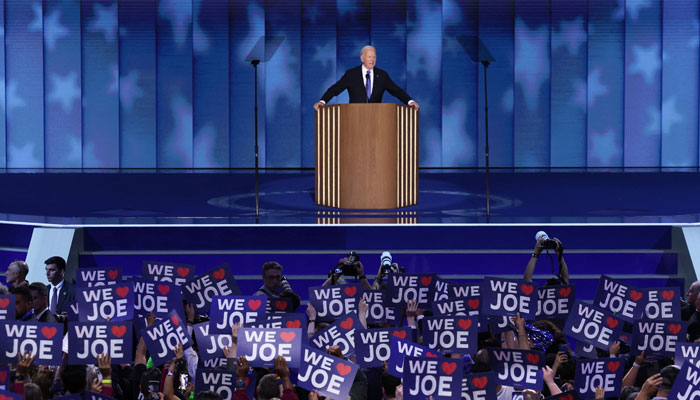 US President Joe Biden speaks during Day one of the Democratic National Convention (DNC) in Chicago, Illinois, US, August 19, 2024.