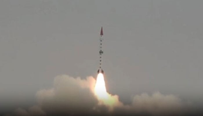 A screengrab showing the training launch of surface-to-surface Shaheen-II ballistic missile on August 20, 2024. — Geo News