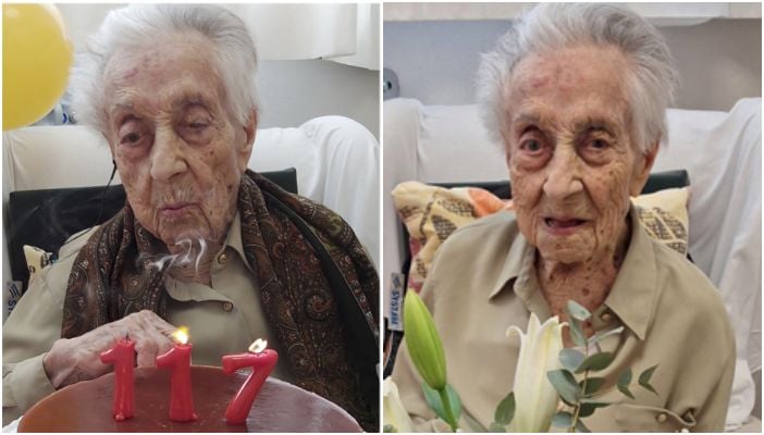 Spains Maria Branyas Morera seen on her 117th birthday in March 2024, and another undated image in her bed in this collage. — X/@MariaBranyas112