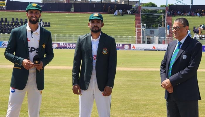 Pakistan and Bangladesh captains Shan Masood and Najmul Hossain Shanto. — X/@Rnawaz31888