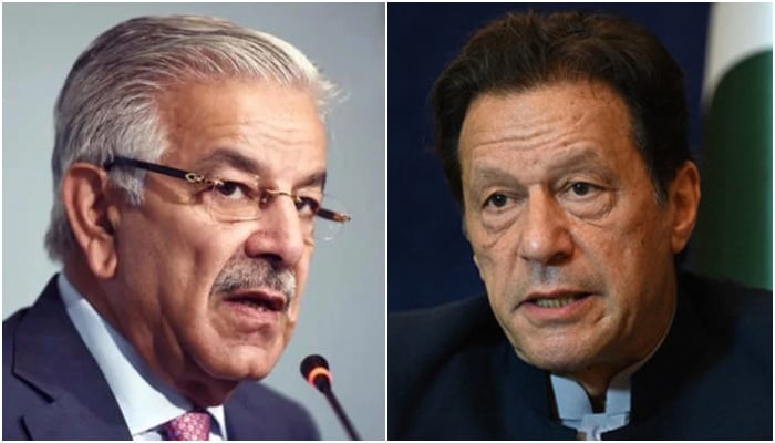 Defence Minister Khawaja Asif (left) and PTI founder Imran Khan. — AFP/File