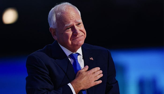 US Democratic vice presidential nominee Minnesota Governor Tim Walz gestures on Day 3 of the Democratic National Convention (DNC) at the United Center, in Chicago, Illinois, US, August 21, 2024. — Reuters